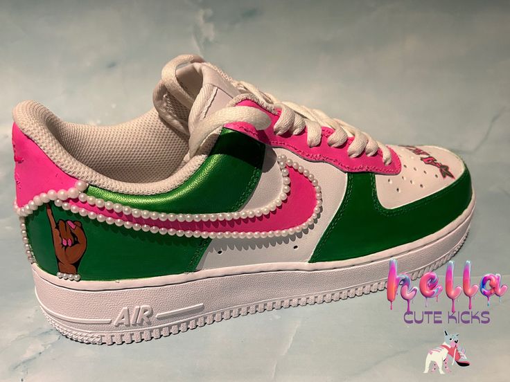 Custom AKA inspired Af1 shoes. This listing is for customized made to order AKA inspired Air Force ones. Please add anything extra you would like to be added to your shoes (name, numbers...) to the personalization portion below. I will message you with a few design options, once we agree on a design I will start customizing. Custom Green Sneakers For Streetwear, Custom Green High-top Sneakers, Pink Nike Shoes, Af1 Shoes, Shoes For School, Shoes Names, Trendy Shoes Sneakers, Nike Air Force Ones, Sneakers Athletic