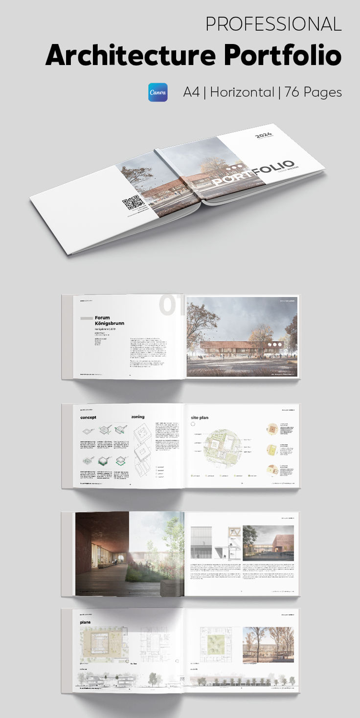 an architectural brochure is shown in three different sections, including the front and back pages