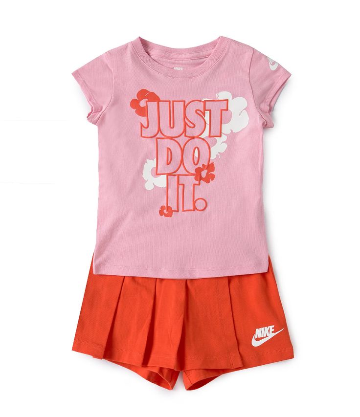 Shop for Nike Little Girls 2T-6X Short Sleeve Just Do It Floral Skort 2-Piece Set at Dillard's. Visit Dillard's to find clothing, accessories, shoes, cosmetics & more. The Style of Your Life. Spring Matching Set Tops For Playwear, Spring Crew Neck Sets, Playful Sets With Graphic Print And Crew Neck, Playful Cotton Short Set For Spring, Cute Cotton Sets With Graphic Print, Spring Sporty Sets With Letter Print, Spring Cotton Matching Short Set, Sporty Letter Print Sets For Spring, Spring Sporty Letter Print Sets