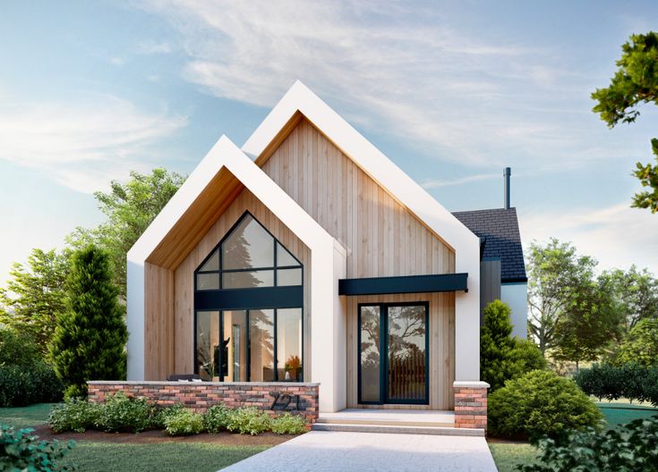 this is a computer rendering of a modern house in the country side with large windows