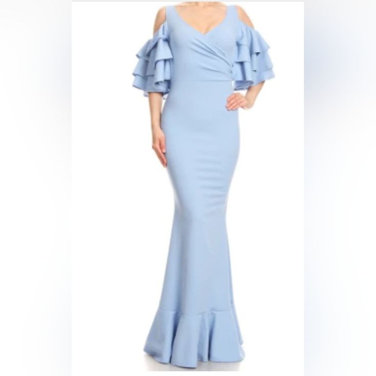 Nwt 3/4 Sleeve Blue Maxi Dress Featuring With Cold Shoulder In Bodycon Fit V Neckline, 95% Polyester, 5 % Spandex. Light Blue Stretch Midi Dress For Evening, Spring Formal Maxi Dress With 3/4 Sleeve, Light Blue Stretch Dress For Evening, Stretch Light Blue Dress For Evening, Light Blue Fitted Maxi Dress For Cocktail, Fitted Light Blue Maxi Dress For Cocktail, Elegant Light Blue Stretch Dress, Party Dress With Ruffles And 3/4 Sleeves, Light Blue Maxi Dress For Spring Formal