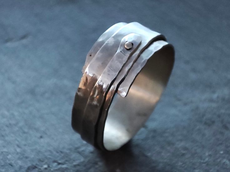 Sterling silver ring that has been gently hammered, coiled, and secured with a tiny 9k gold rivet. Riveted Ring, Pebble Ring, Lovely Ring, Rivets, Silver Band, Beautiful Bracelet, Sterling Silver Ring, Favorite Jewelry, Band Rings