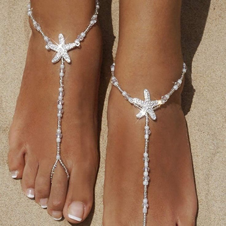 2pcs Starfish Beads Ankle Chain Barefoot Sandals Arrives New Party Beaded Strand Jewelry, Summer Beach Anklets With Starfish Charm, White Starfish Charm Anklet For Beach, Starfish Anklets For Summer Vacation, White Beach Anklets With Starfish Charm, Adjustable Starfish Anklet For Summer, Summer Strand Anklet With Starfish Charm, Party Anklets For Beach Season With Ankle Strap, Party Anklets With Ankle Strap For Beach Season