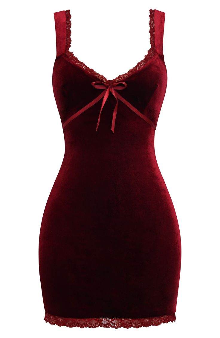 Romantic lace trim brings an element of sweetness to this velvet cocktail dress featuring an open back. Ties at back; hidden back-zip closure Deep V-neck Sleeveless Stretch lining 92% polyester, 8% elastane Dry clean Imported Dresses For Me, Burgandy Mini Dress, Short Red Satin Dress, Christmas Dress Women Classy, Romantic Goth Dress, Coca Cola Dress, Night Dress Short, Body Fit Dress, Short Maroon Dress