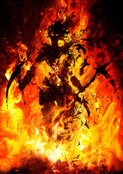 an abstract fire and flames painting with black, orange and yellow colors in the background