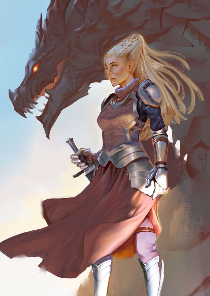 a woman in armor standing next to a large dragon with long blonde hair and eyes