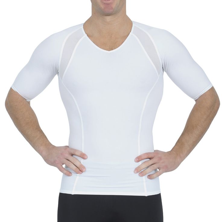 Mesh Panel Compression Shirt - VS2307 Insta Slim offers our new Mesh Panel Compression Shirt to our collection. Our compression fabric blend of 72% nylon and 28% spandex provides all over compression throughout the fabric. The featured mesh panels located in key regions along your spine and collarbone provides ample airflow and breathability. Along with the targeted panels, the garment features flatlock seams to reduce chafing for better comfort. The magic is in the fabric! The blended fabric th White Compressive Sportswear Tops, Functional White Compressive Top, White Compression Sweat Resistant Activewear, White Compression Activewear, Sweat Resistant, Compression Sweat-resistant Tops For Light Sports, White Compression Sweat-resistant Activewear, Compressive Sweat Resistant Tops For Light Sports, Compressive Sweat-resistant Tops For Light Sports, Sporty Compressive White Top