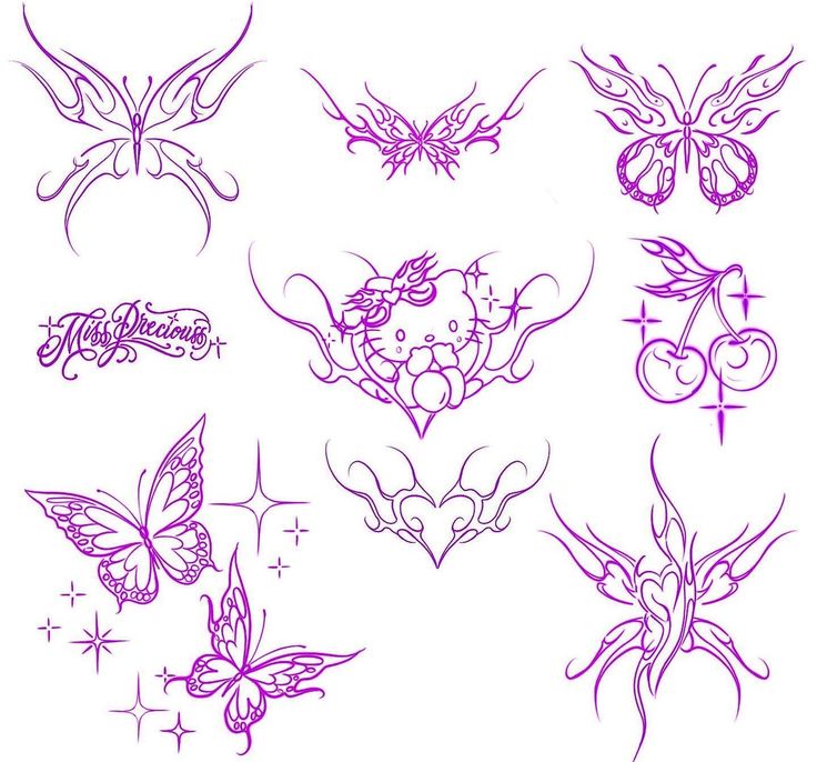 a bunch of tattoos that are drawn in purple on a white background with butterflies and hearts