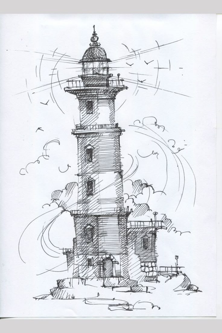 a drawing of a lighthouse in the ocean