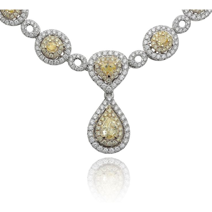 Roman & Jules 18K Gold Hanging Pear Two Tone Diamond Necklace Formal Yellow Diamond Necklace Fine Jewelry Style, Formal Yellow Necklace With Brilliant Cut, Luxury White Pear-shaped Diamond Necklace, Exquisite Pear-shaped Necklace For Anniversary, Formal Pear-shaped Necklace With Diamond Accents, Exquisite Pear-shaped Anniversary Necklace, Formal Drop Necklace With Brilliant Cut, Luxury White Drop Necklaces, White Gold Pear-shaped Necklace For Formal Occasions