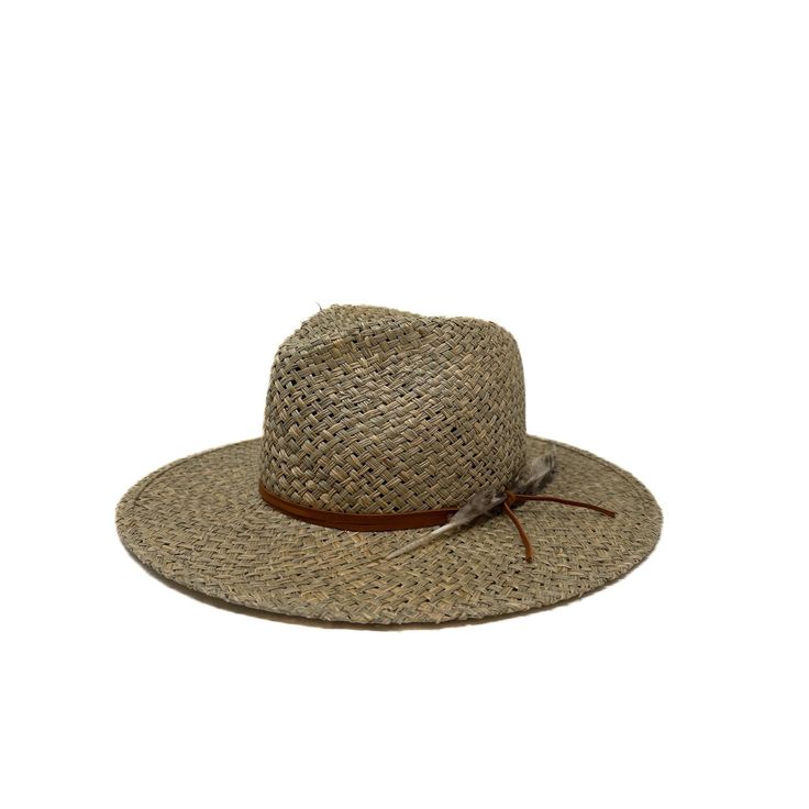 Made of the most beautiful seagrass, this stiff straw fedora has natural verigated color patterns and is trimmed with deer tan leather and a feather. made in the USA. small 21-22 inch circ md 22-23 inch circ lg 23-24 inch circ Straw Fedora, We Wear, Made In The Usa, Tan Leather, Fedora, Color Patterns, Apparel Accessories, Deer, Most Beautiful