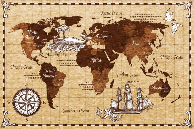 an old world map with ships and compasss on parchment paper, in brown tones