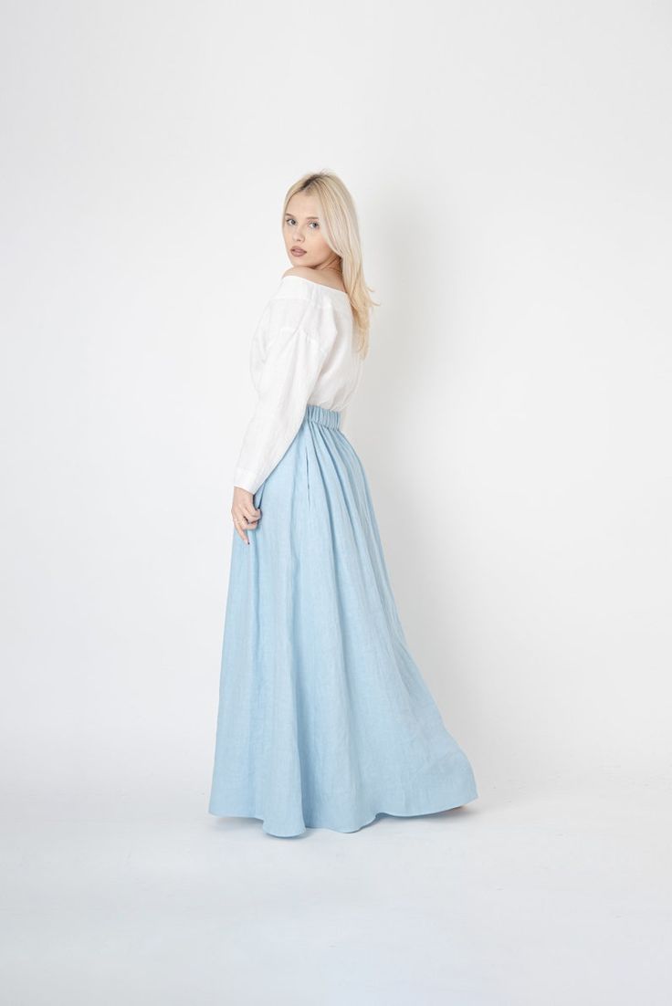 Blue Linen- Etsy Summer Maxi Skirt, Long Blue Skirts, Light Blue Skirt, Amy March, Light Blue Skirts, Linen Maxi Skirt, Maxi Skirts Summer, Character Sheets, Handmade Skirts