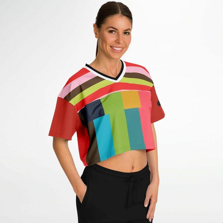 Show up in style with this cropped football jersey. This top is a must-have for any modern fashionista. The chic design is casual yet trendy, making it a perfect addition to your wardrobe essentials. Designed with versatility in mind, the jersey’s lightweight moisture-wicking fabric will keep you cool during game days and hot summer nights out with friends. It has a neck ribbing for added comfort. Plus, the loose fit makes it ideal for layering with other outfits too! • Upper fabric: 100% polyester• Bottom fabric: 100% polyester mesh• Sweat-wicking fabric• Lightweight, breathable feel• Neck ribbing• High definition printing Because it’s handmade for you, this football jersey requires 3-6 business days before they are shipped. Orders placed before midnight will be included in the following Athleisure Cropped T-shirt For Sports, Spring Trendy V-neck Cropped T-shirt, Casual V-neck Cropped T-shirt For Summer, Cropped Sports T-shirt, Sporty V-neck Crop Top For Spring, Trendy V-neck Cropped T-shirt For Summer, Spring Athleisure Cropped T-shirt For Sports, Spring Sports Event Tops, Sporty Crew Neck Crop Top