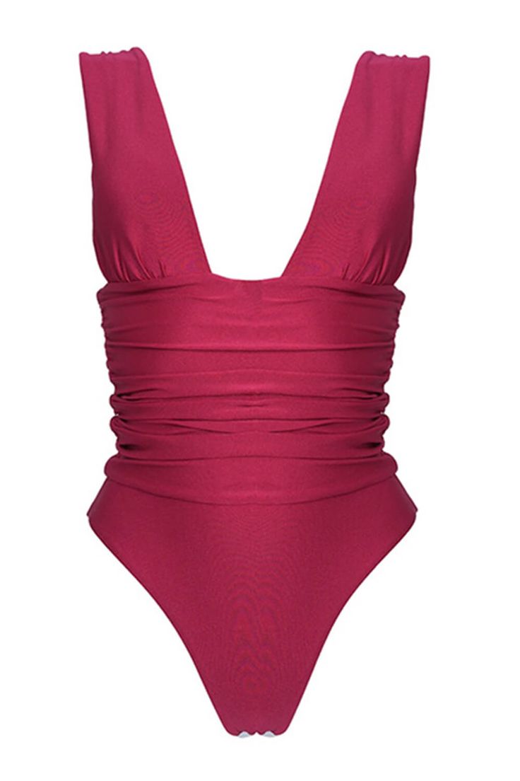 Plunging neckline Ruched details Doubles as bodysuit Supportive shoulder straps Open back Removable padding High-leg cut Moderate coverage Sleeveless Ruched Bodysuit For Pool, Fitted Ruched Backless Bodysuit, Chic Ruched Sleeveless Bodysuit, Chic Sleeveless Ruched Bodysuit, Ruched Backless Bodysuit For Pool, Backless Ruched Bodysuit For Pool, Summer V-neck Ruched Bodysuit, Summer Fitted Bodysuit With Ruched Back, Summer Backless Bodysuit With Ruched Back