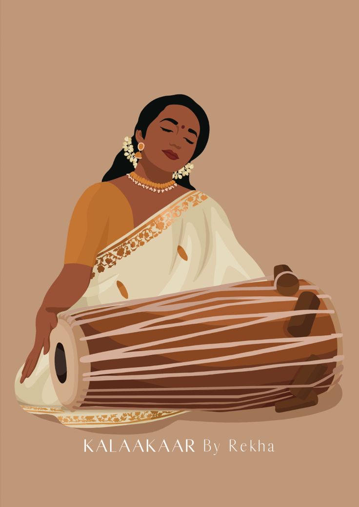 a woman sitting on the ground with a large instrument in her hand and text reading kalakaara by recha