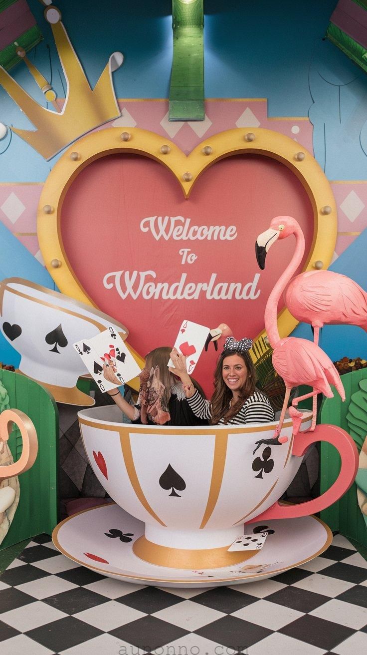 two women are sitting in a teacup with flamingos on it and the sign welcome to wonderlandland