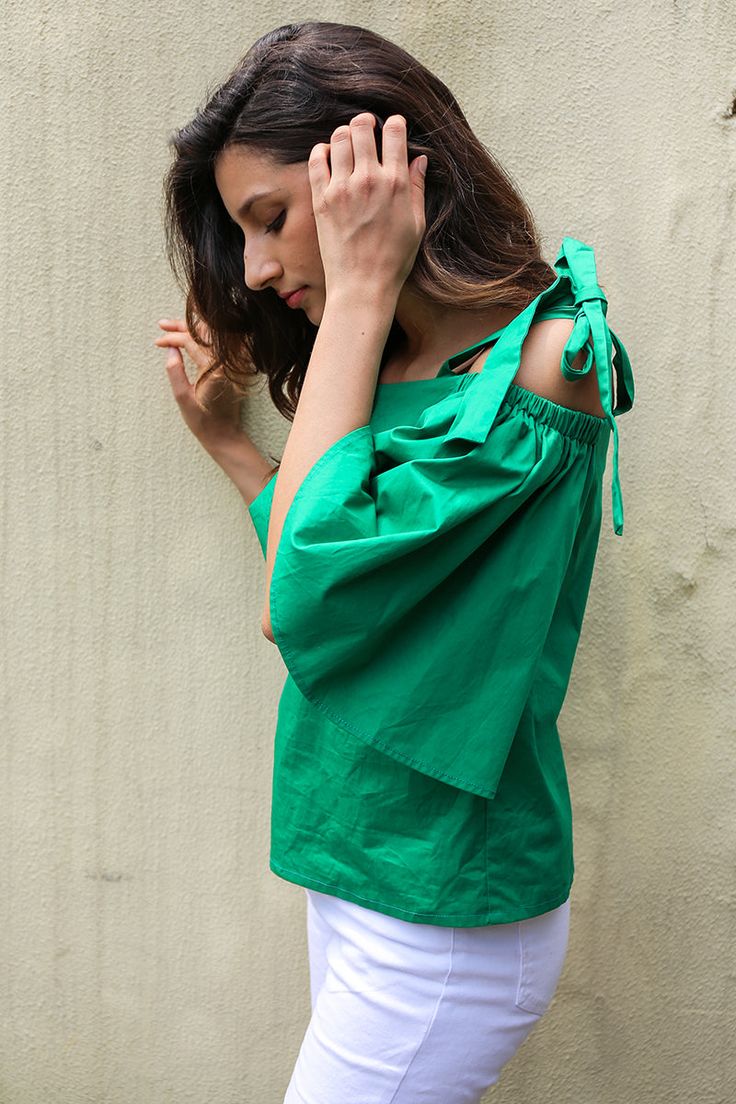 Brand Name:SIMPLEEMaterial:CottonClothing Length:RegularStyle:FashionFabric Type:TwillSleeve Length(cm):Three QuarterDecoration:NonePattern Type:SolidCollar:Slash neckSleeve Style:Flare SleeveModel Number:BL260Gender:Women Green Blouse For Spring Day Out, Fitted Casual Tops With Tie Sleeves, Green Short Sleeve Blouse For Brunch, Casual Fitted Top With Tie Sleeves, Chic Green Off-shoulder Blouse, Chic Cotton Tops With Tie Sleeves, Summer Blouse With Tie Sleeves For Day Out, Summer Tie Sleeve Blouse For Day Out, Summer Day Out Blouse With Tie Sleeves