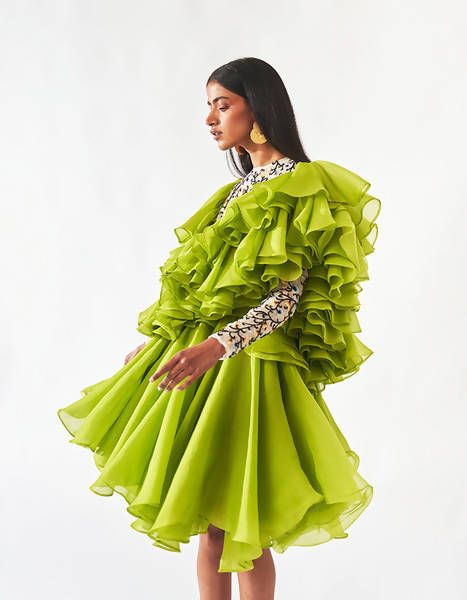 Hand Embroidered Ruffle Dress | NOT JUST A LABEL Silhouette Fashion, Cool Silhouettes, Fashion Silhouette, Art To Wear, Back Neck, Green Art, Silk Organza, Hot Dress, Ruffle Dress