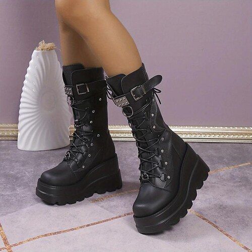 Category:Boots; Upper Materials:PU; Season:Winter; Heel Type:Chunky Heel,Platform; Gender:Women's; Toe Shape:Round Toe; Type:Mid Calf Boots; Style:Punk,Comfort,Gothic,Fashion,Industrial Style; Heel Height(inch):2-3; Outsole Materials:Rubber; Occasion:Party,Daily,Outdoor; Closure Type:Lace-up; Pattern:Solid Color; Listing Date:09/24/2023; 2024 Trends:Combat Boots,Plus Size,Height Increasing Shoes,Lace Up Boots,Platform Boots Winter Heels, Wedge Heel Boots, Anime Base, Faux Leather Heels, Selena Quintanilla, Estilo Punk, Zipper Boots, Platform Heels Chunky, Combat Boot