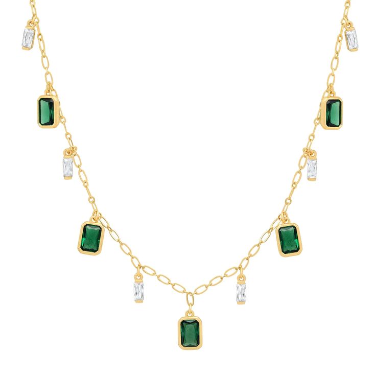 Emerald And Cz Dangle Necklace Dazzling Emerald Necklaces With Jewels, Gold Dangle Necklaces With Sparkling Stones, Dazzling Gold Emerald Necklace, Elegant Jeweled Green Emerald Necklace, Green Crystal Rhinestone Necklace, Dazzling Jeweled Cubic Zirconia Necklaces, Elegant Green Pendant Chain Necklace, Party Crystal Plated Necklaces, Elegant Emerald Jeweled Necklaces