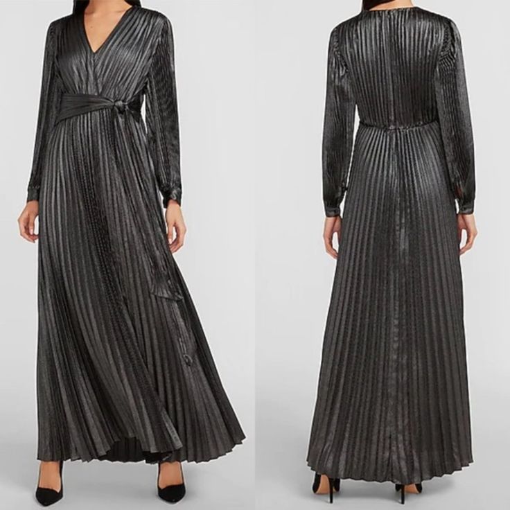 Express Black Metallic Pleated Tie Front Holiday Maxi Dress Size Small...........New With Tags!!! $168 18" Pit To Pit 59" Length A Stunning Silhouette And Shiny Pleated Fabric Makes This Detailed Maxi Dress A Winning Choice Every Time. A Tie Waist Adds The Perfect Finishing Touch. V Neck With Hidden Hook & Eye And Zipper Back Closure Long Sleeves With Button Cuffs Tie Waist , All Over Pleated Straight Hem, Maxi Length Polyester Chic Silver Maxi Dress, Elegant Metallic Maxi Dress For Night Out, Elegant Metallic Pleated Dress, Chic Metallic Pleated Dress, Chic Pleated Metallic Dress, Metallic Evening Dresses For Fall, Elegant Silver Dresses For Fall, Fitted Metallic Pleated Dress, Silver V-neck Maxi Dress For Formal Occasion