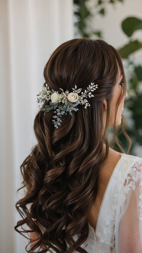 Bridal Hair Romantic Half Up, Long Hair Bridal Hairstyles Half Up, Hairstyles For Long Hair For Bride, Flowers For Hairstyles, Wedding Hairstyles With Short Hair, Engagement Hairstyles Medium Hair, Hair Hairstyle Ideas, Beauty And The Beast Wedding Hair, Wedding Hairstyles Half Down