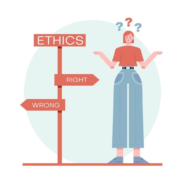 a woman standing next to a street sign with the words ethics and right wrong directions