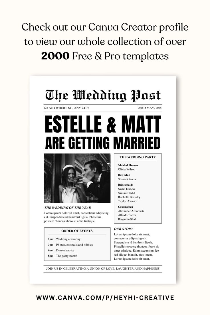 Wedding newspaper template, "the wedding post" a wedding program laid out like a black and white newspaper. Newspaper Wedding Programs Diy, Engagement Announcement Newspaper, Canva Wedding, Diy Wedding Newspaper, Newspaper Wedding Announcement, Wedding Program Template Free, Wedding Newspaper Template, Free Wedding Templates, Newspaper Wedding Programs