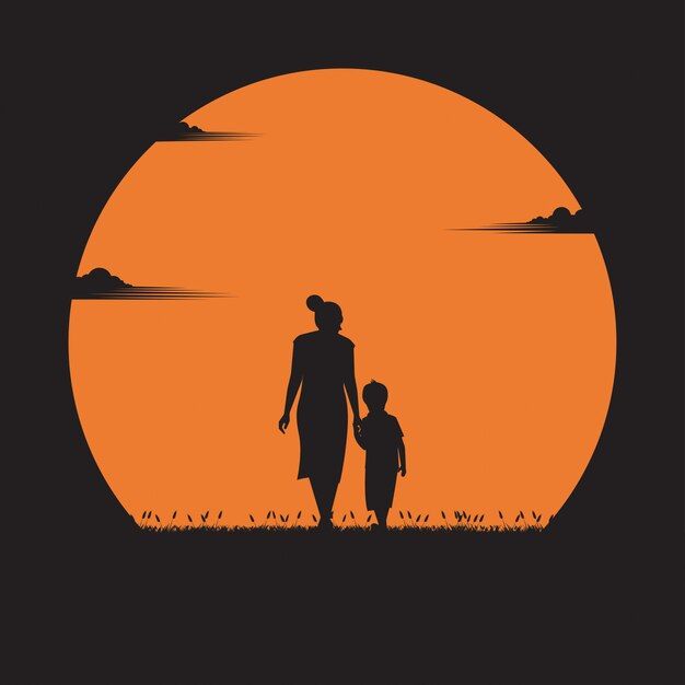 a woman and child walking in front of an orange sun with clouds on the horizon