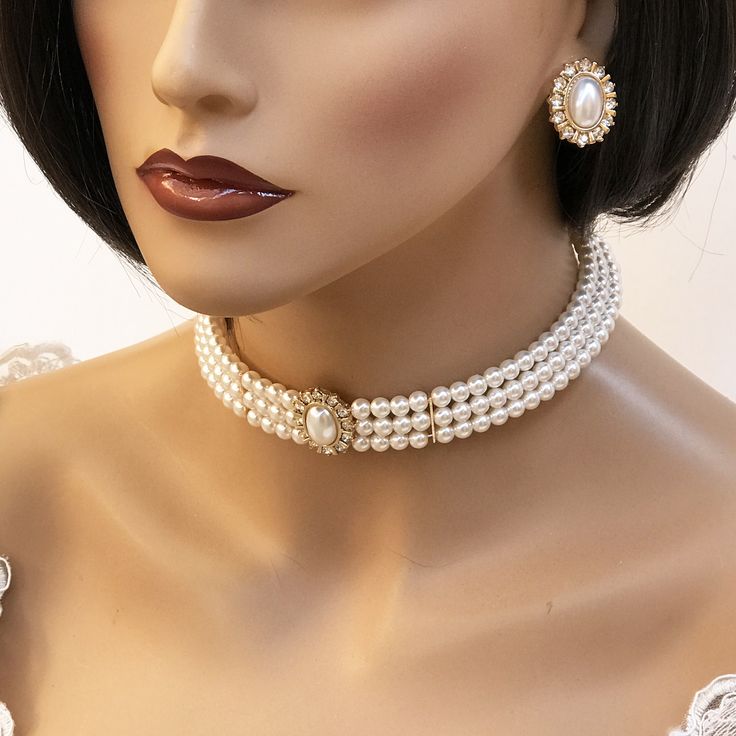 Bridal jewelry set, Bridal choker necklace earrings, Wedding choker, white Victorian pearl jewelry set, bridesmaid jewelry, choker set by GlamDuchess on Etsy Victorian Pearl Choker, Luxury Pearl Jewelry, Luxury Pearl Necklace, Bride Pearl Necklace, Bridal Choker Necklace, 1940s Jewelry, Pearl Jewelry Set, White Victorian, Evening Jewelry