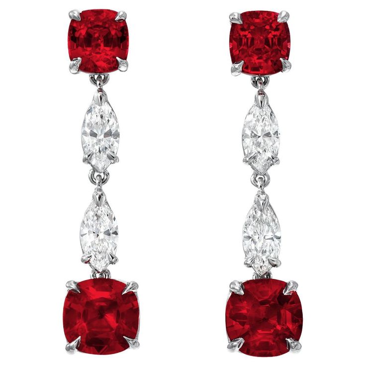 GIA-Certified Natural, Unheated Ruby and Diamond Platinum Earrings Exclusive Luxury Gemstone Jewelry Indulge in the extraordinary with these GIA-certified, natural, unheated ruby and diamond earrings in platinum. This highly exclusive pair showcases rare, vivid red rubies totaling 4.35 carats (2.06 carats on the top and 2.29 carats on the bottom), accompanied by 0.86 carats of marquise-cut diamonds. At 1 inch in length, these elegant earrings offer timeless luxury and sophistication. Product Det Cushion Cut Diamond Earrings, Ruby And Diamond Earrings, Ruby Diamond Necklace, Star Ruby Ring, Diamond Chandelier Earrings, Ruby Set, Vintage Drop Earrings, Marquise Shape Diamond, Platinum Earrings