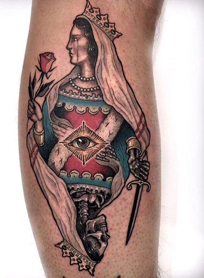 Death Or Life Queen Playing Card Tattoo, Playing Card Tattoo, Queen Playing Card, Playing Card Tattoos, Medieval Tattoo, Lighthouse Tattoo, Tattoo Old School, Queen Tattoo, Traditional Tattoo Sleeve