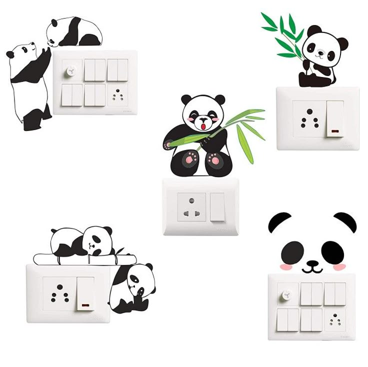 pandas are playing with bamboo leaves on the light switch covers in different positions and sizes