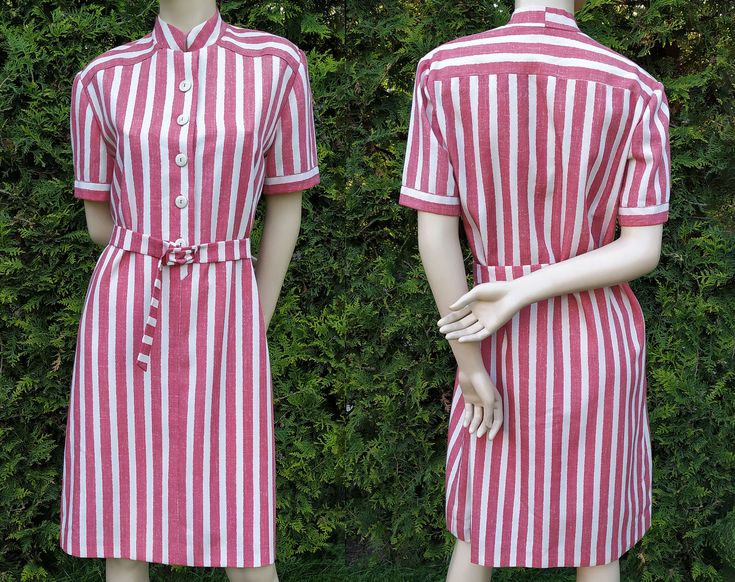 Striped vintage dress with belt, women's shirtdress from the 80s Beautiful belted vintage dress in striped print. Knee length, but depends on your height Appears to be custom made in an atelier, no tags are present Muted red color Very good vintage condition Found in a vintage shop in Latvia Size: M Measurements (taken when laid flat on one side) : Shoulder to shoulder 16.14 inches (41 cm) Armpit to armpit 19.69 inches (50 cm) Waist: 20.08 inches (51 cm) Hips: 20.47 inches (52 cm) Full length 41 Vintage Striped Dress, Vintage Floral Top, Muted Red, Vintage Maxi Dress, Vintage Blazer, Dress With Belt, Vintage Shop, Vintage Pillows, Shirtdress