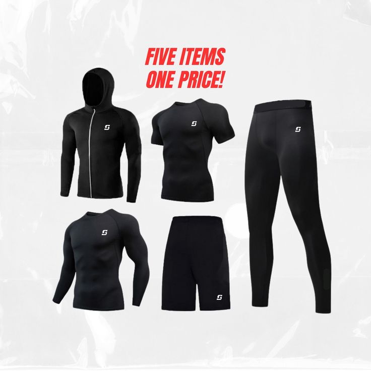 1️⃣ Included This sports set from the brand OneStep includes 5 items: 1 x hoodie 1 x compression long-sleeve 1 x T-shirt 1 x tights 1 x shorts           The set allows for a complete sports outfit for men. It can also be used as separate items to create individual looks or for different types of activities.           2️⃣ Material The items are made from durable, soft and comfortable material with good breathability, preventing overheating and excessive sweating during workouts in the gym or outd Technical High-stretch Activewear For Sports Events, Moisture-wicking Sportswear For Sports Events, Technical Moisture-wicking Activewear For Sports Events, Functional Moisture-wicking Stretch Sets, Sporty Moisture-wicking Compression Sets, Technical Activewear For Outdoor Sports Season, High Stretch Moisture-wicking Sportswear Set, Moisture-wicking High Stretch Sports Set, Compression Sportswear Sets For Sports