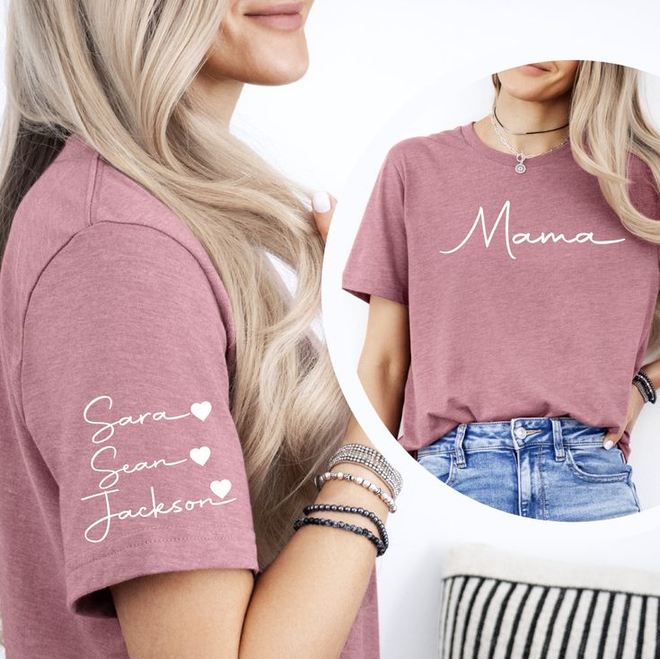 Mama Tee with personalized names on sleeve of kids or grandkids.   Mom's will love this trendy t shirt showing the names of their kids on the sleeve!   Shown on a Heather Mauve T shirt with white ink PLEASE NOTE, I DO NOT HAVE CONTROL OVER THE PACKAGES ONCE THEY LEAVE MY SHOP. ALL SHIPPING IS WITH THE UNITED STATES POSTAL SERVICE FIRST CLASS MAIL UNLESS AN UPGRADE IS PURCHASED, THEN IT IS PRIORITY MAIL. USPS HAS FULL CONTROL OF DELIVERY ONCE IT LEAVES ME!   If you need a rush order, please add t Personalized Casual Short Sleeve Tops, Casual Personalized Short Sleeve Tops, Personalized Crew Neck Tops For Gifts, Personalized Crew Neck Top For Gift, Personalized Relaxed Fit Cotton Tops, Personalized Cotton Shirt As Gift, Casual Personalized T-shirt, Casual Personalized Short Sleeve Shirt, Custom Text Cotton Tops For Personalized Gift