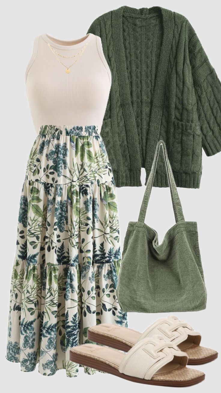 #greenaesthetic #green #cardigan #olivegreen #skirt #churchoutfit #vacationoutfits #beach #outfit #modestfashion #outfitinspo #spring #summer #modest #casual #boho Long Dress Style Casual, Modern Modest Fashion Summer, Feminine Modest Outfits Summer, Hot Summer Modest Outfits, Wine Event Outfit, Teacher Outfit Skirt, Modest Apparel For Women, Green Gray Outfit, Colorful Cottagecore Outfits