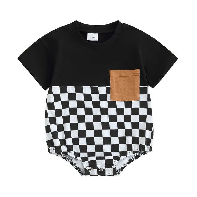 Your little critter will be the most dapper on the block in this OLIVER Checkered Short-Sleeve Onesie! Perfect for summer, this onesie is perfect for your little man no matter what his summer adventure holds! Available in two colors, he's sure to look as handsome as he is handsomely comfortable! Family Matching Black Cotton Onesie, Cotton Short Sleeve Bodysuit For Playtime, Black Cotton Short Sleeve Bodysuit For Summer, Black Cotton Onesie For Spring, Spring Cotton Black Onesie, Black Summer Onesie For Playtime, Black Short Sleeve Onesie For Summer, Spring Black Cotton Onesie, Black Playful Bodysuit For Casual Wear