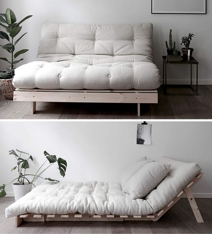 two pictures of a futon bed with pillows on top and bottom, in the same room