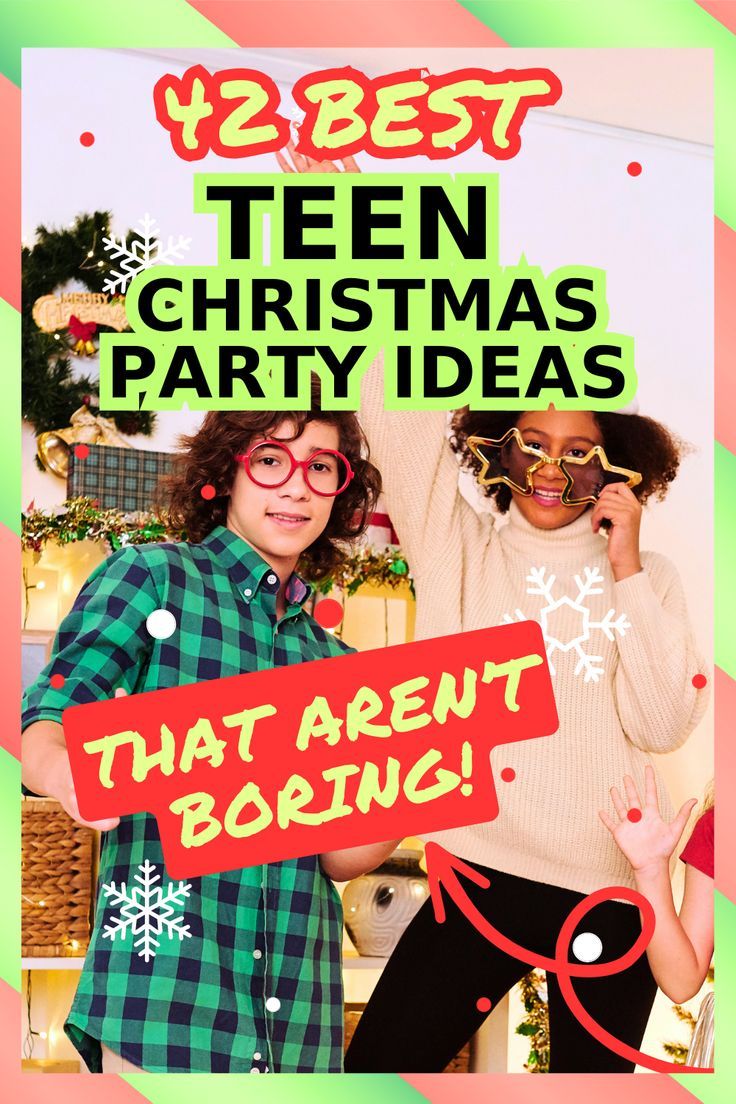 two girls wearing christmas themed clothing and holding up signs with the words, 2 best teen christmas party ideas that aren't boring