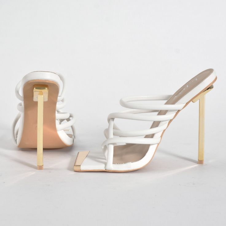 - White Thong Mule - Gold Front Trim - Gold Stiletto Heel - Approx. 4” * Runs True To Size White Strappy Heels With 4-inch Heel, White Pointed Toe Sandals For Night Out, White Strappy Heels With Padded Heel, Trendy White Strappy Heels, Chic White Strappy Sandals, Fitted White Heels With Wrapped Heel, Trendy White Heels For Night Out, Elegant White Sandals For Night Out, Elegant White Strappy Heels