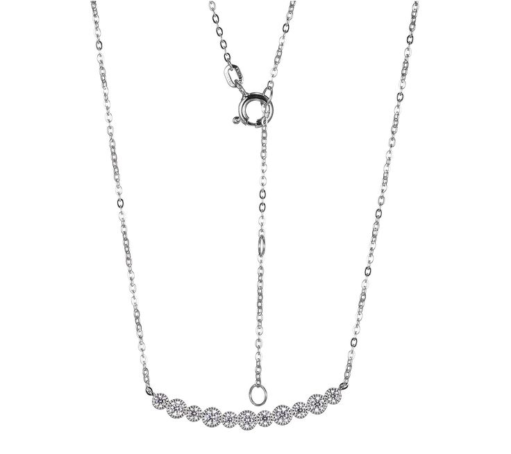 Add a timeless sparkle to your look with this dazzling sterling silver necklace. Timeless Silver Necklace With Round Pendant, Elegant Cubic Zirconia Diamond Necklace With Delicate Chain, Timeless Silver Round Pendant Necklace, Dazzling Clavicle Chain Necklace, Diamond White Necklace With Silver Chain As Gift, Classic Silver Chain Necklace For Party, Diamond White Clavicle Chain Necklace, Elegant Sterling Silver Rhinestone Necklace With Sparkling Stones, Silver Solitaire Pendant Necklace