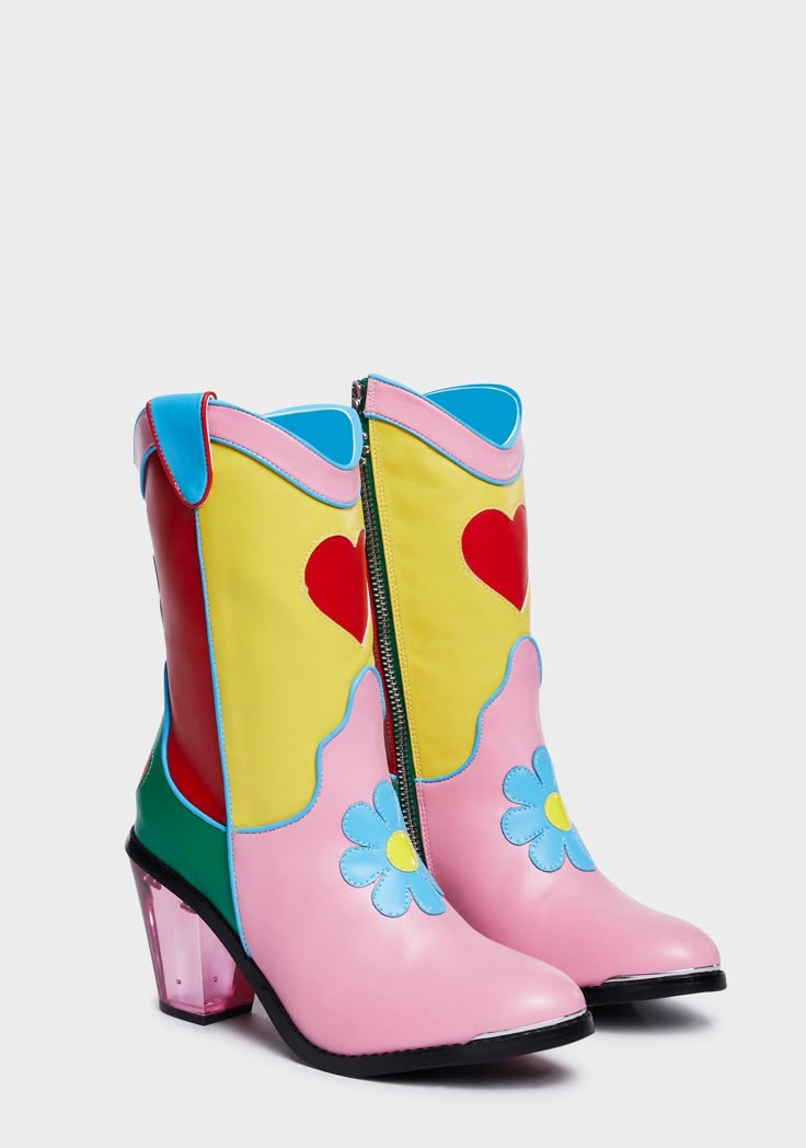 Delias Groovy Colorblock Flower Heart Cowboy Boots - Rainbow – Dolls Kill Funky Spring Boots, Trendy Multicolor Spring Boots, Trendy Multicolor Boots For Spring, Funky Multicolor Boots For Spring, Cute Leather Boots For Spring, Cute Multicolor Spring Boots, Spring Multicolor Heeled Boots With Round Toe, Spring Boots With Round Toe And Fun Style, Fun Spring Boots With Round Toe