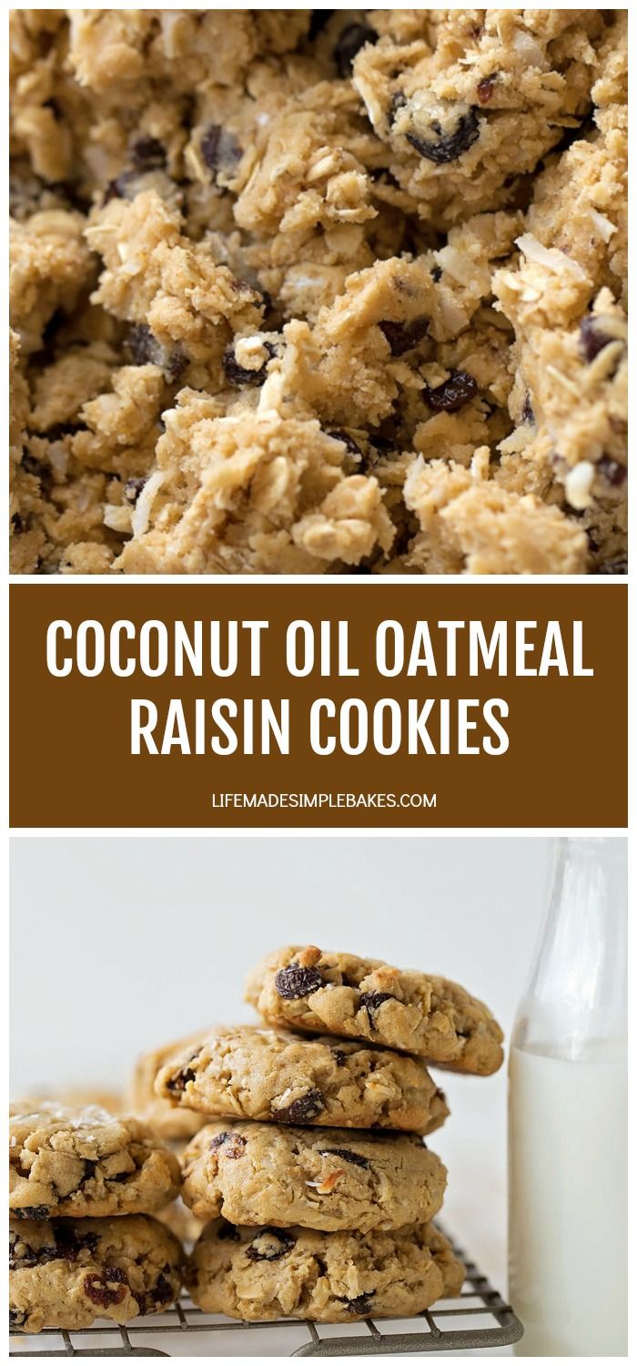 coconut oil oatmeal raisin cookies are stacked on top of each other