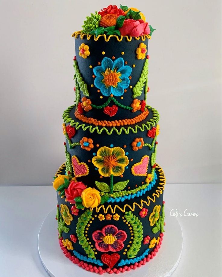 a three tiered cake decorated with colorful flowers