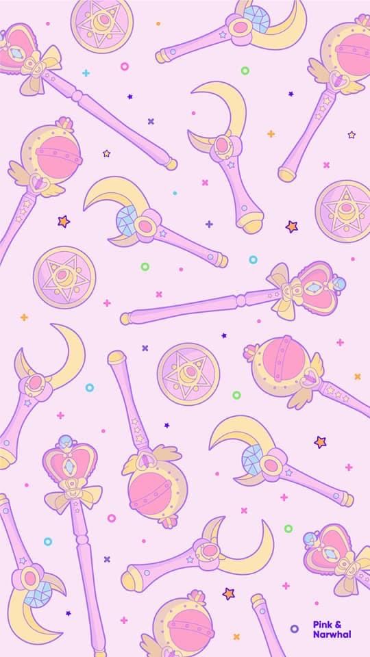 pink and yellow sailor moon themed wallpaper with various items in the same pattern on it