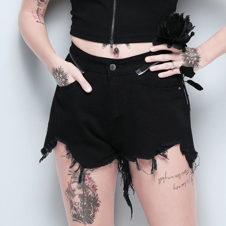 Gender: Women Item Type: Shorts Material: Spandex Material: Polyester Style: Gothic Pattern Type: Solid Decoration: Tassel Waist Type: High Fit Type: skinny Closure Type: Zipper Fly Pant Style: REGULAR Material Composition: jeans Model Number: 92111 Black Ripped Punk Bottoms, Alternative Style Ripped Black Bottoms, Black Stretch Punk Jeans, Grunge High Waist Stretch Bottoms, Punk Black Mid-rise Bottoms, Punk Style Black Mid-rise Bottoms, Punk High Waist Summer Shorts, Punk Style High Waist Cotton Shorts, Edgy High-waist Stretch Shorts