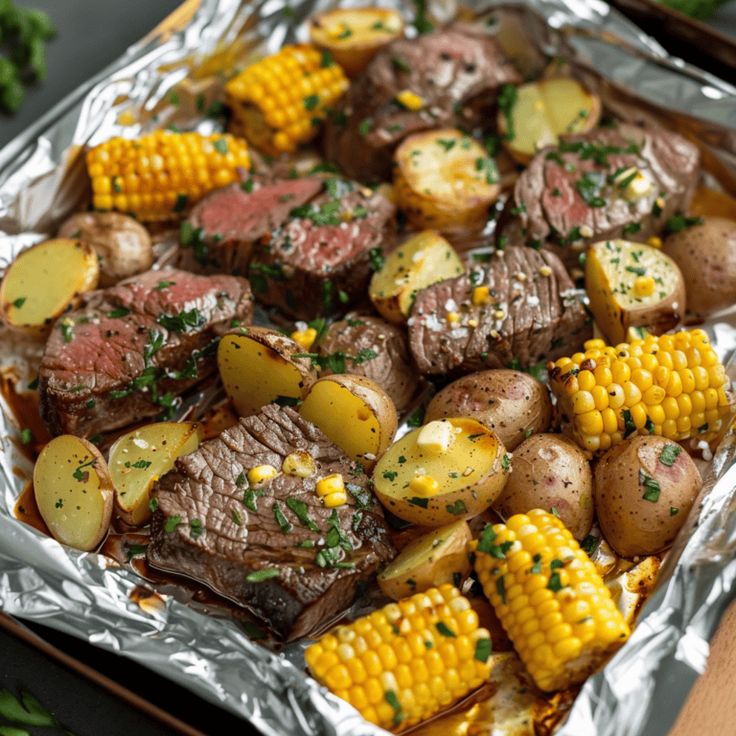 steak, potatoes and corn on the cob in foil with parsley sprinkled on top