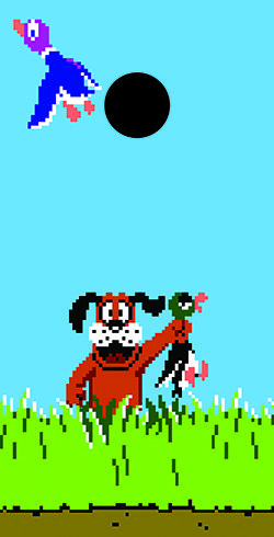 an old - school computer game with a dog chasing a bird in the air,